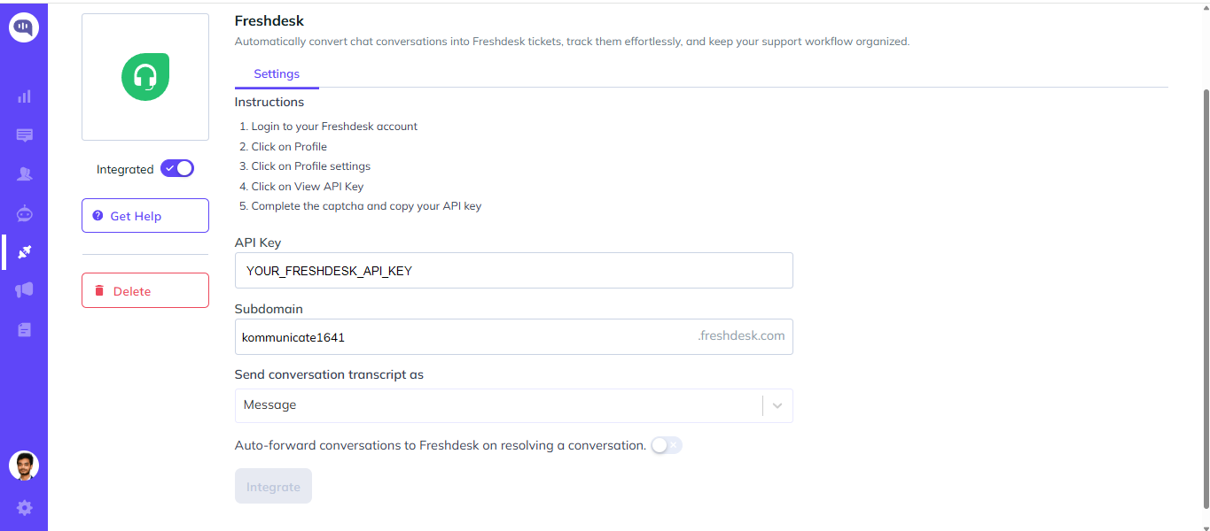 Freshdesk integration settings and automatic forwarding toggle