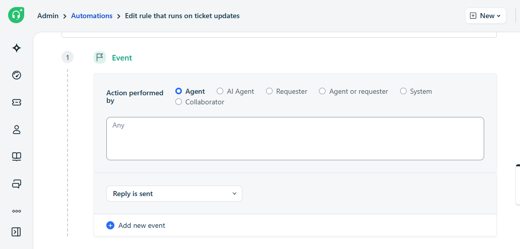 Freshdesk automation event for an agent reply