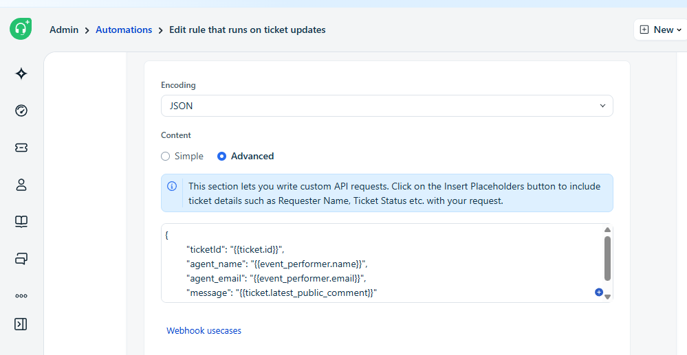 Freshdesk webhook advanced JSON payload