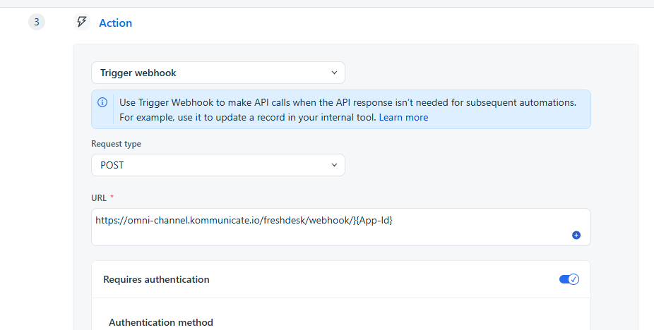 Freshdesk webhook action, POST method, and production URL
