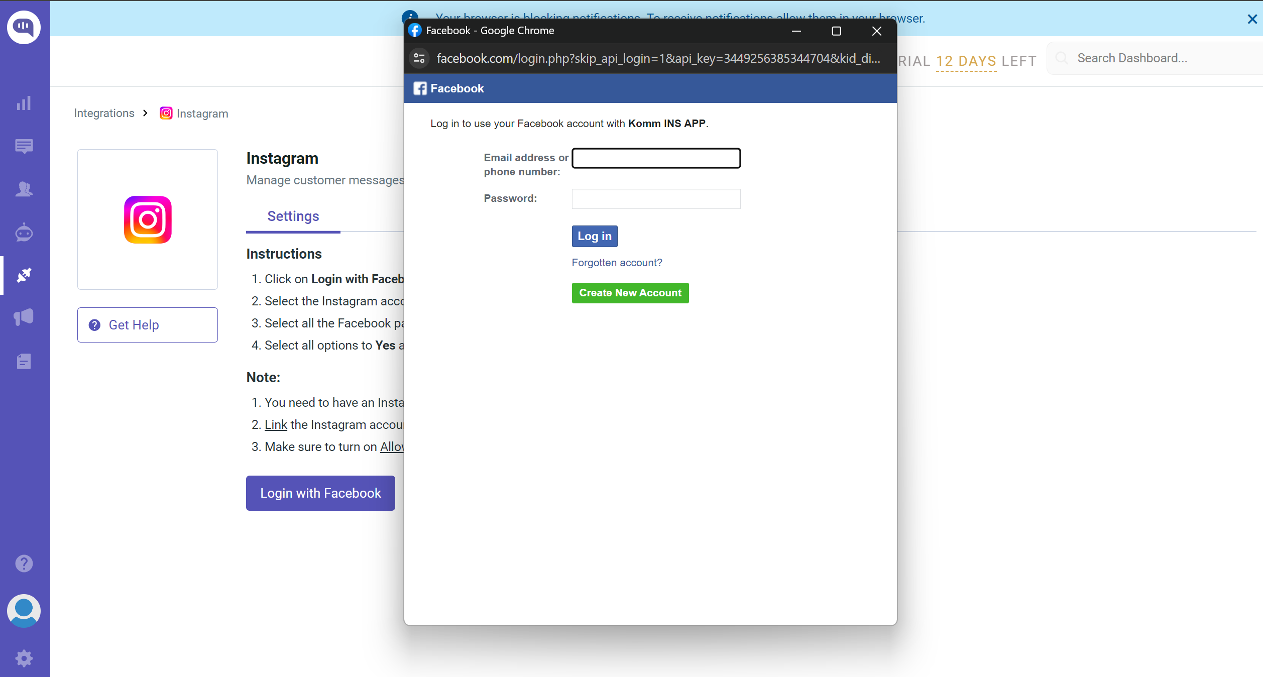 Facebook login window 