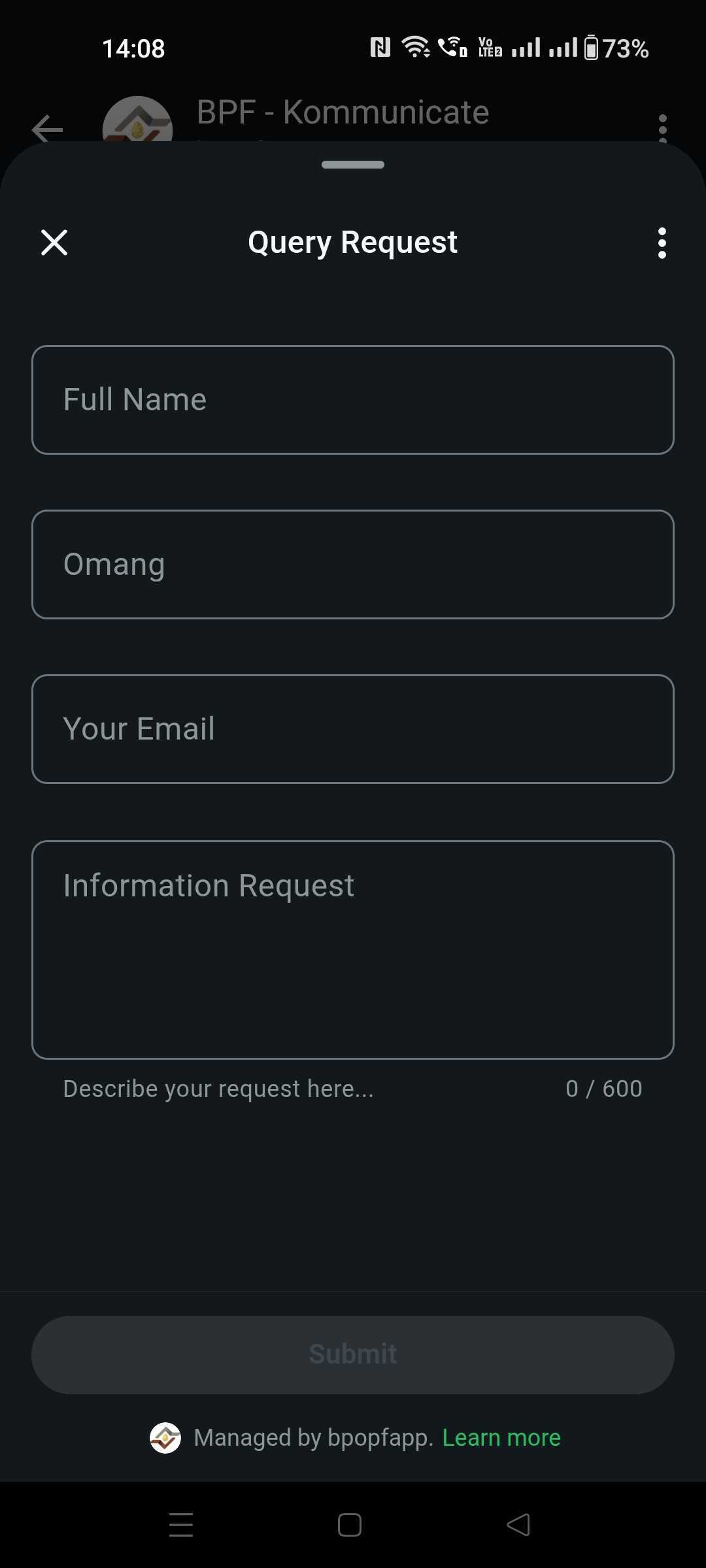 WhatsApp Flow form displayed in WhatsApp