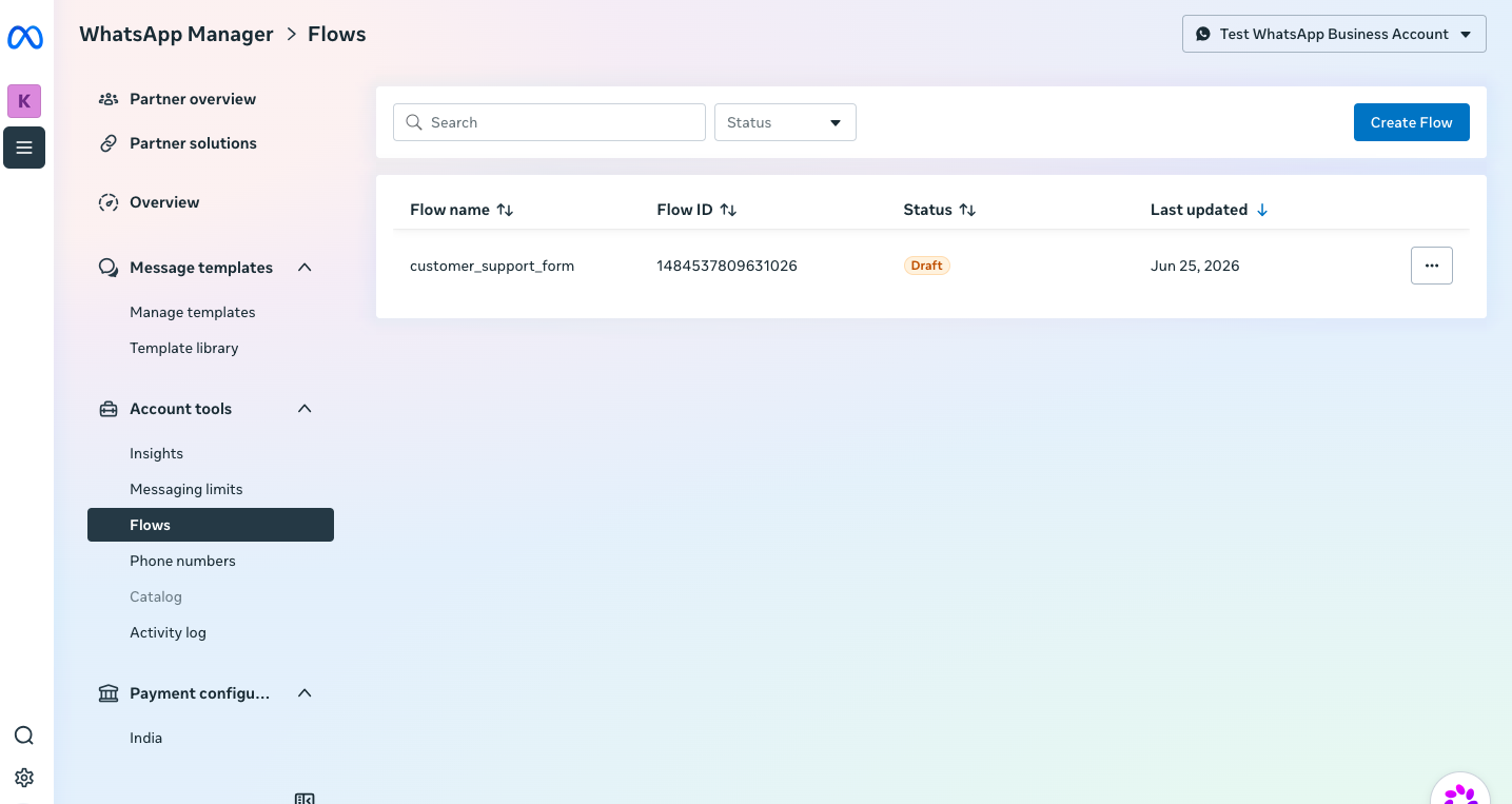 WhatsApp Manager Flows page