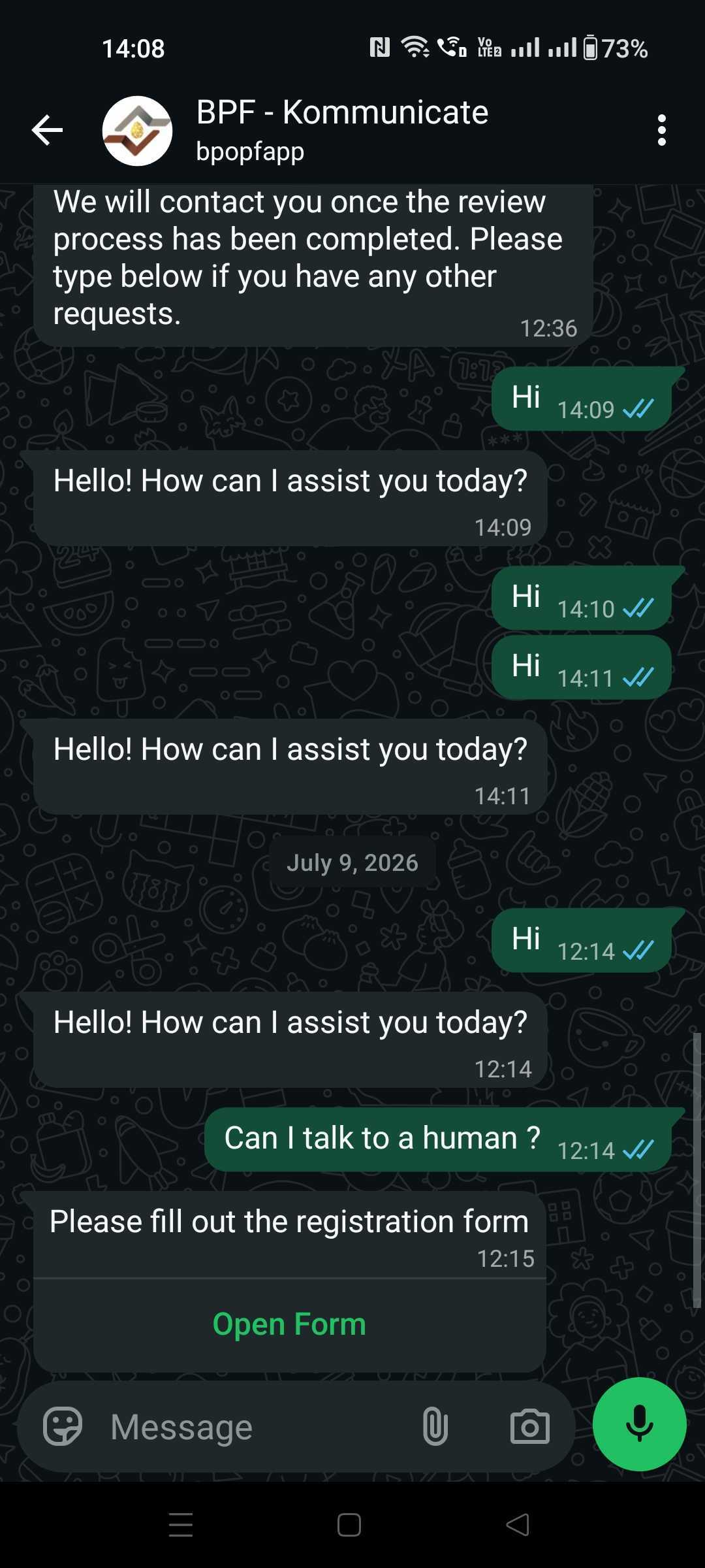 WhatsApp message with the Open Form button